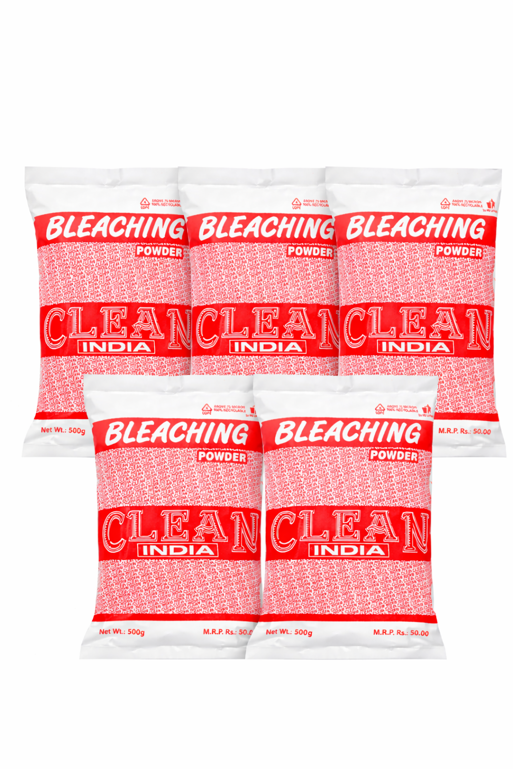 Clean India Bleaching Powder 500g Pack of 5 stacked