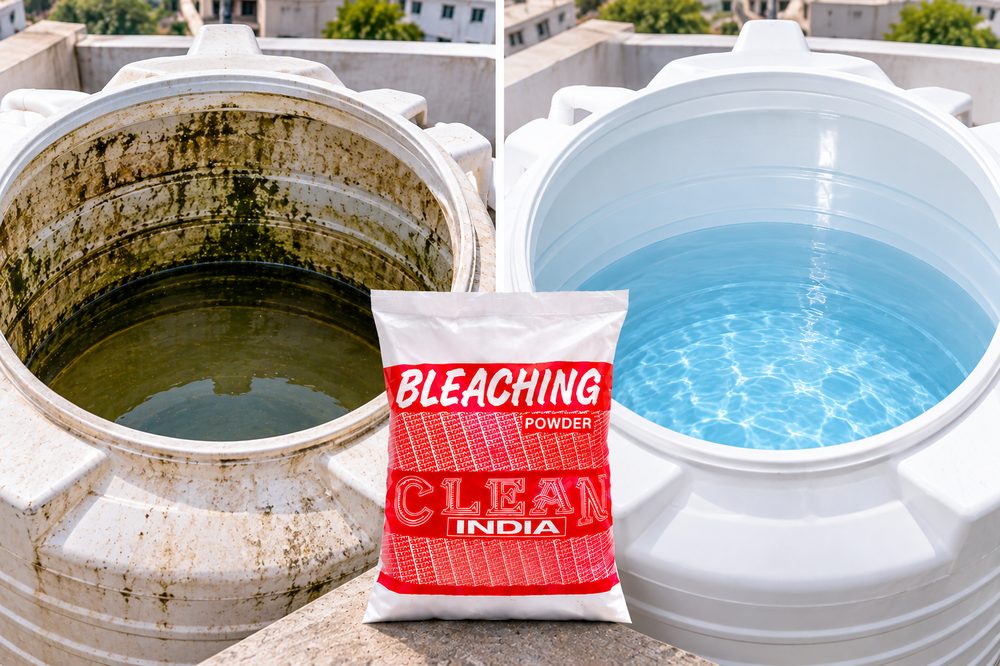 Bleaching powder poured into a rooftop water tank